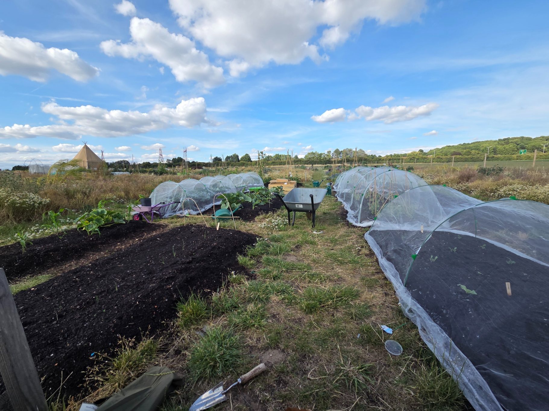 Garden beds with protective nets, a cloudy sky, and surrounding landscape.