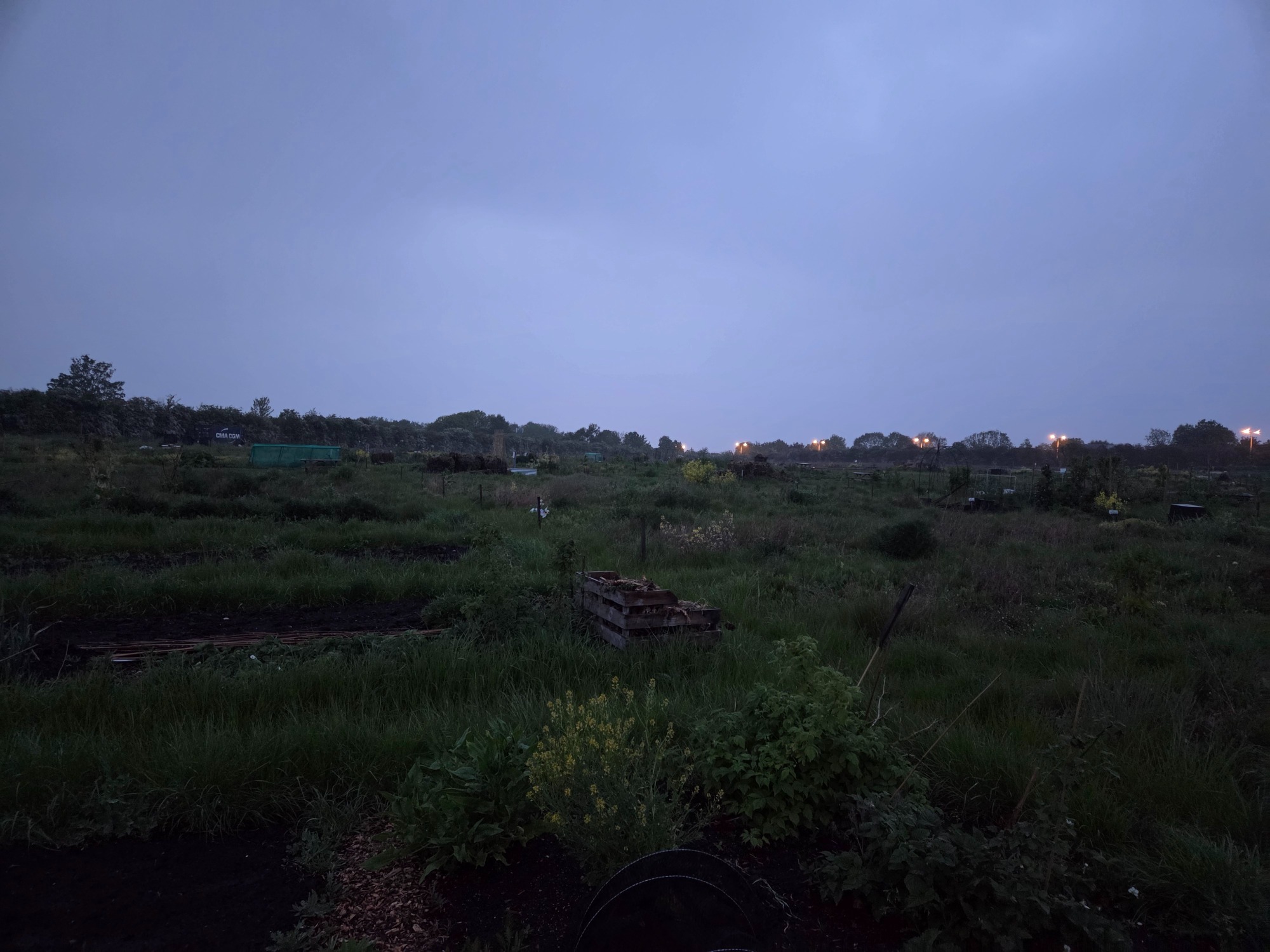 No site management Dusk landscape with fields and distant hills under a cloudy sky.