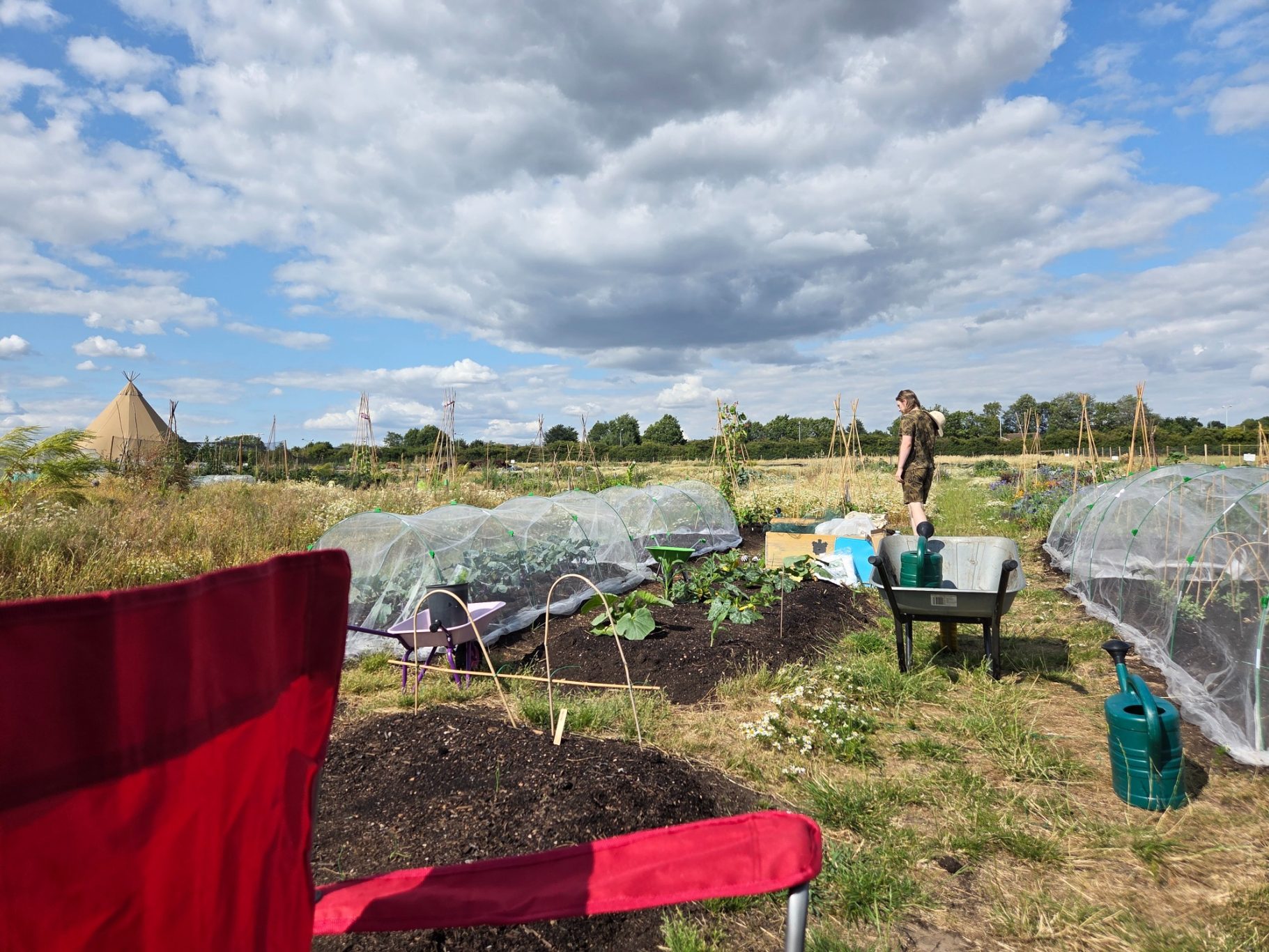 A garden scene with a person tending to plants under a cloudy sky, chairs in the foreground.