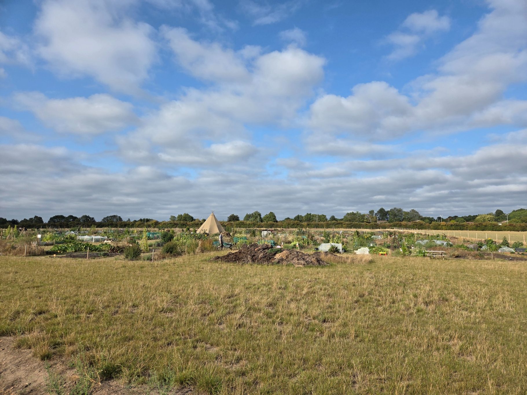 A scenic landscape featuring fields, hay bales, and scattered greenery under a cloudy sky.